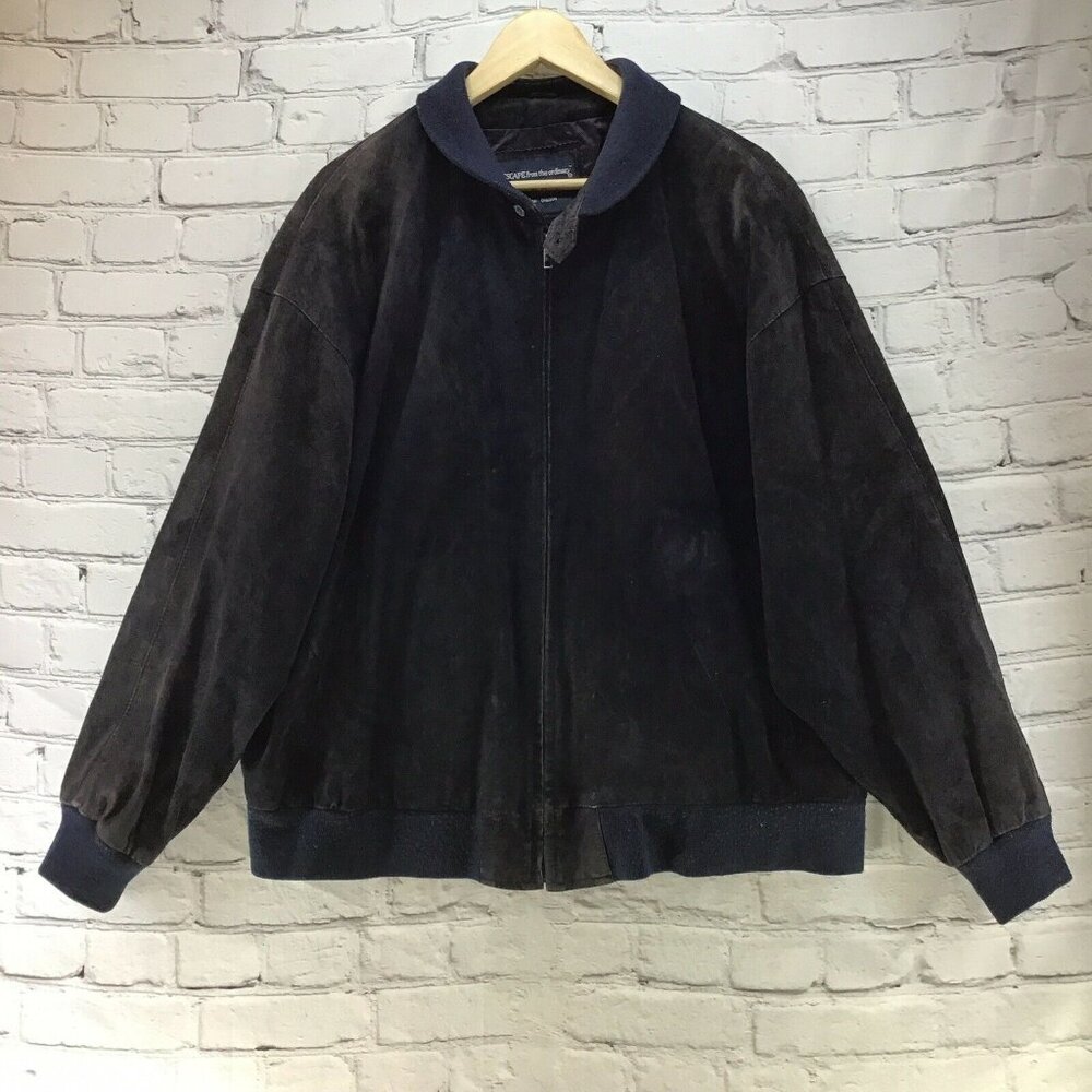 Vintage Norm Thompson Sz‎ XL Navy Blue And Black Suede Bomber Jacket Flaw